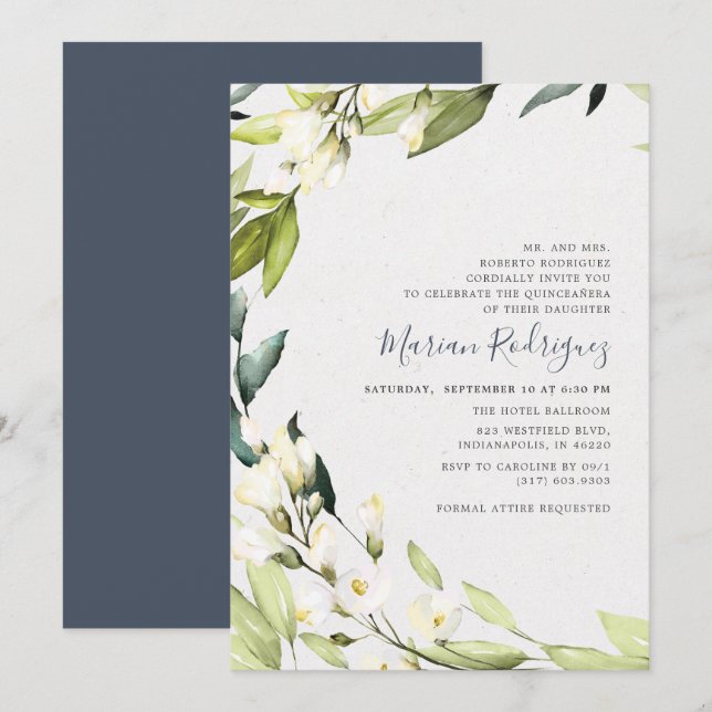Invitación Elegante vegetación floral blanca Wreath Quinceañe (Anverso / Reverso)