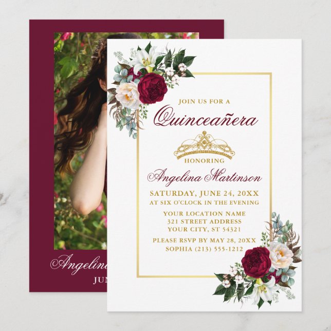 Invitación Elegante vegetación floral borgoñona Foto Quincean (Anverso / Reverso)