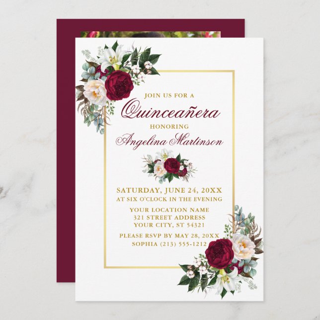 Invitación Elegante vegetación floral borgoñona Foto Quincean (Anverso / Reverso)