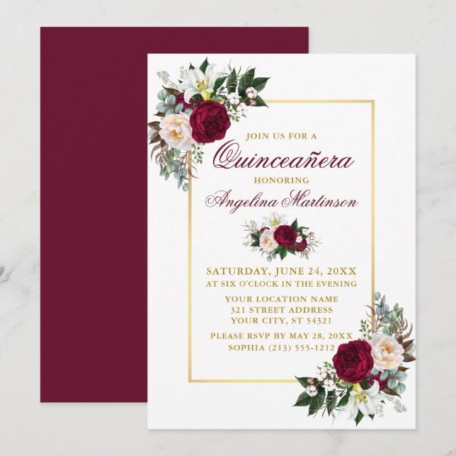 Invitación Elegante vegetación floral borgoñona Gold Quincean (Anverso / Reverso)