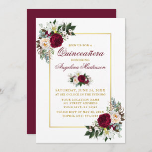 Invitación Elegante vegetación floral borgoñona Gold Quincean
