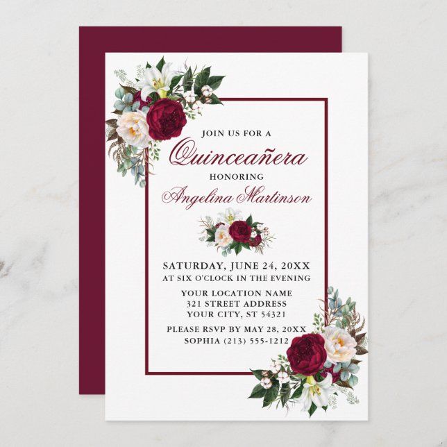 Invitación Elegante vegetación floral borgoñona Quinceanera F (Anverso / Reverso)