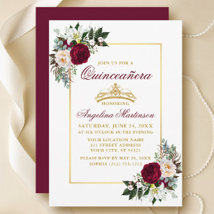 Invitación Elegante vegetación floral borgoñona Quinceanera G