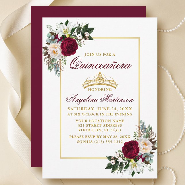 Invitación Elegante vegetación floral borgoñona Quinceanera G (Customize to change text color, style, add text & photos to back or change color of back of card.)