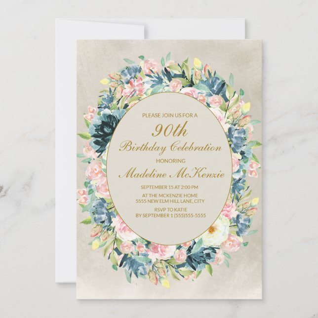 Invitación Elegante vegetación floral de crema rosa 90 cumple (Anverso)