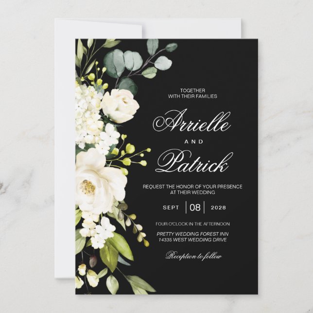 Invitación Elegante vegetación floral de rosas blancas (Anverso)