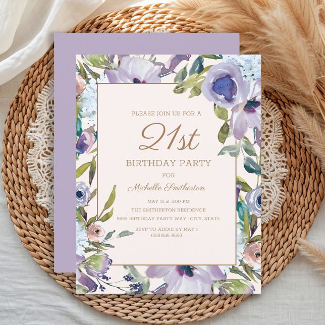 Invitación Elegante vegetación floral púrpura de Lilac 21º cu (Elegant purple watercolor floral 21st birthday party invitation)