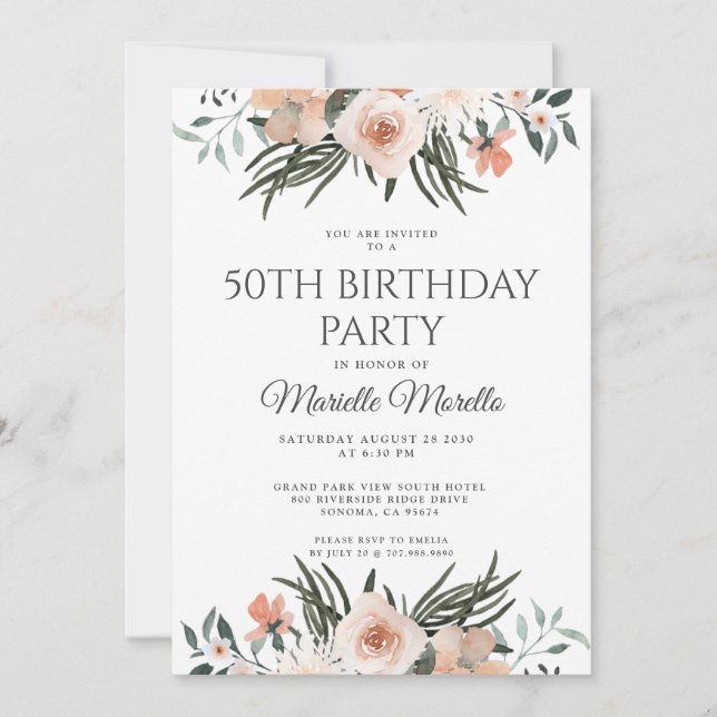 Invitación Elegante vegetación floral rosa 50 cumpleaños (Anverso)