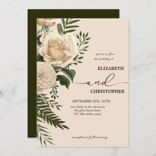 Invitación Elegante vegetación floral y Boda de las Bouquets  (Anverso / Reverso)