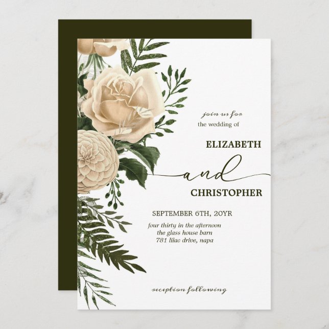Invitación Elegante vegetación floral y Boda de las Bouquets  (Anverso / Reverso)