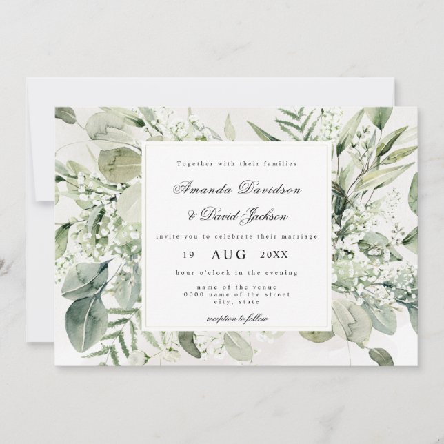 Invitación Elegante vegetación Foliage Boda de Boho Floral Bl (Anverso)