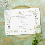 Invitación Elegante vegetación Foliage Gold Bridesmaids Lunch<br><div class="desc">Con delicadas hojas de color agua verde,  esta invitación a almorzar de las damas de moda se puede personalizar con su información especial de eventos de celebración,  con un fondo de sabio plateado al revés. Diseñado por Thisisnotme©</div>