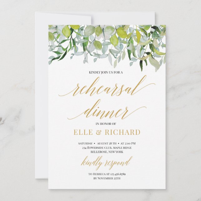Invitación Elegante vegetación follaje hojas ensayo de oro (Anverso)