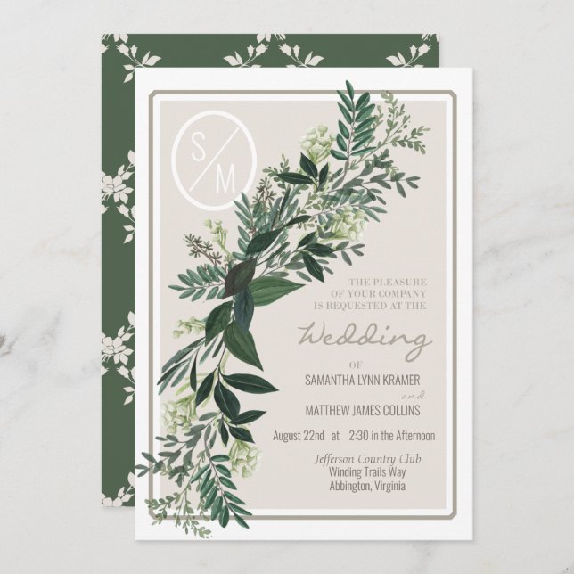 Invitación Elegante vegetación Garland Ferns y Berries (Anverso / Reverso)
