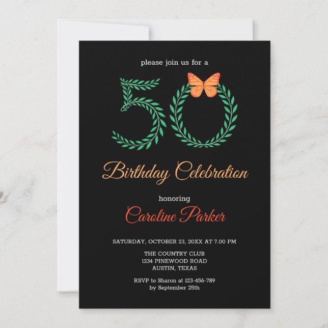 Invitación Elegante vegetación mariposa botánica 50 cumpleaño (Anverso)