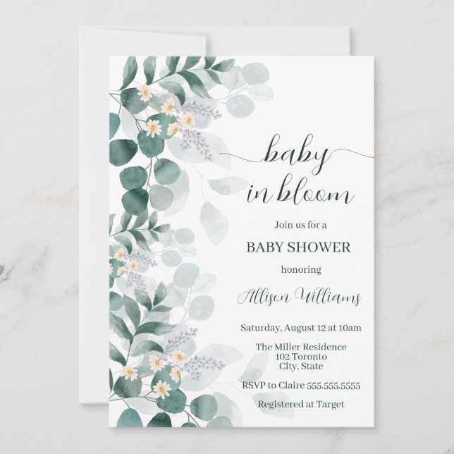 Invitación Elegante vegetación moderna eucalipto ducha de beb (Anverso)