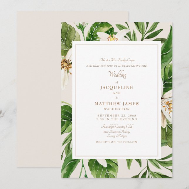 Invitación Elegante vegetación novios Crema y oro (Anverso / Reverso)