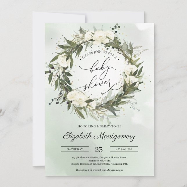 Invitación Elegante vegetación Olive Wreath White Roses Baby (Anverso)