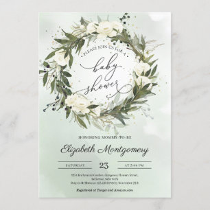 Invitación Elegante vegetación Olive Wreath White Roses Baby