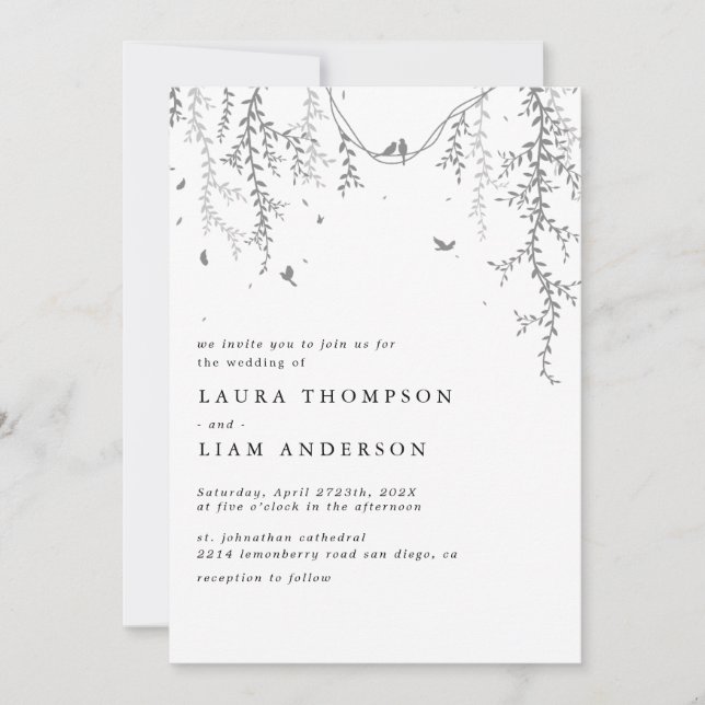 Invitación Elegante vegetación primaveral y ave (Anverso)