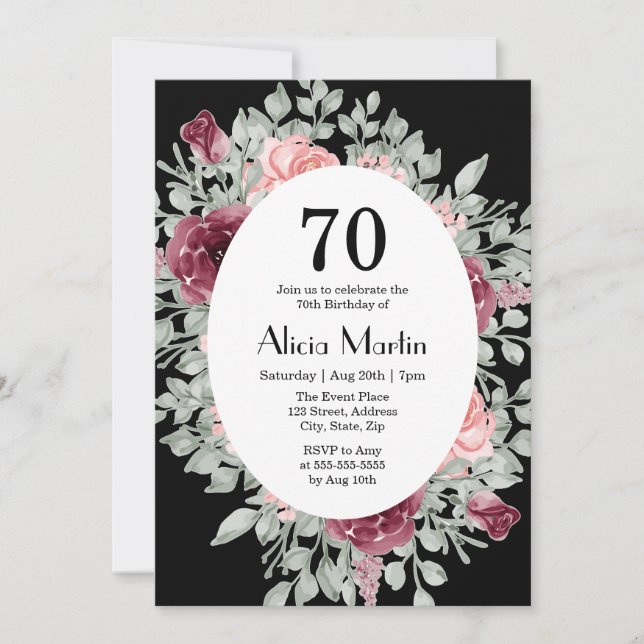Invitación Elegante vegetación rosa borgoñona 70 cumpleaños (Anverso)