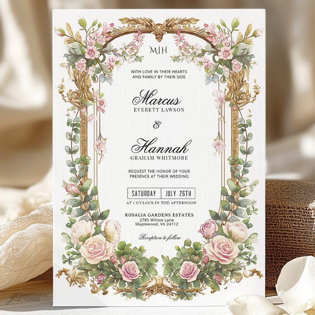 Invitación Elegante vegetación Rubor rosa floral y eucalipto (Subido por el creador)
