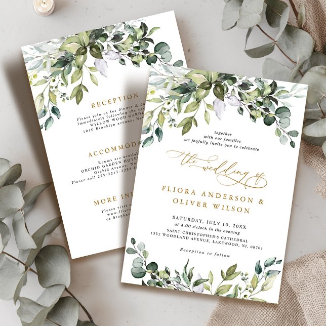 Invitación Elegante vegetación Rústica Boda de detalles botán (Elegant Greenery Rustic Botanical Details Wedding Invitation)
