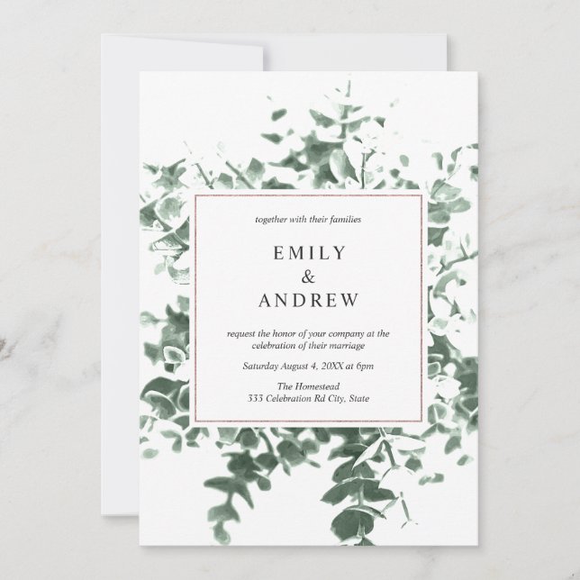 Invitación Elegante vegetación vegetal y Rosa Boda de marcos  (Anverso)