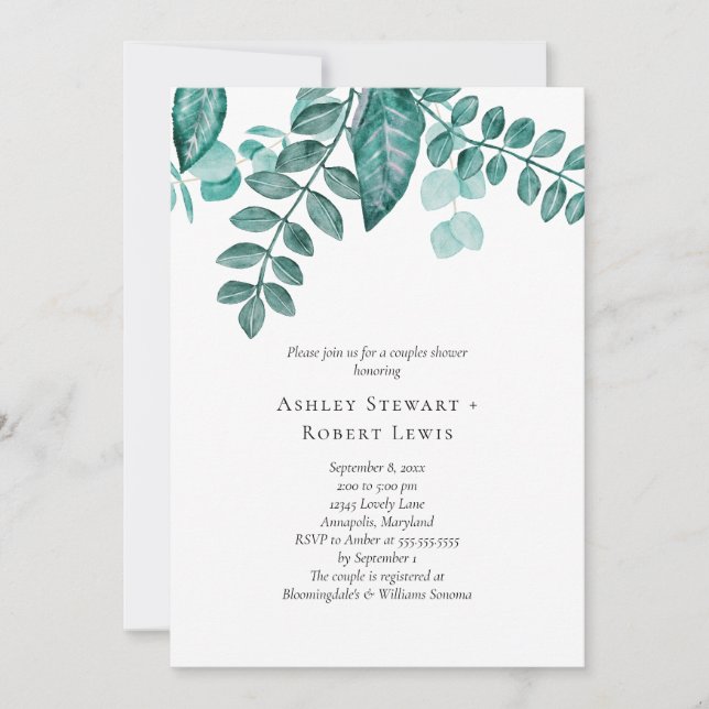 Invitación Elegante vegetación Verde azulada acuarela Ducha P (Anverso)