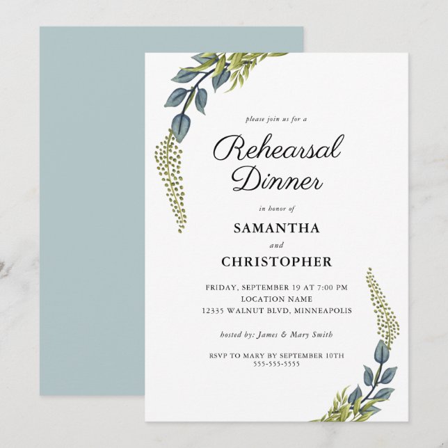 Invitación Elegante vegetación Verde azulada y cena de ensayo (Anverso / Reverso)