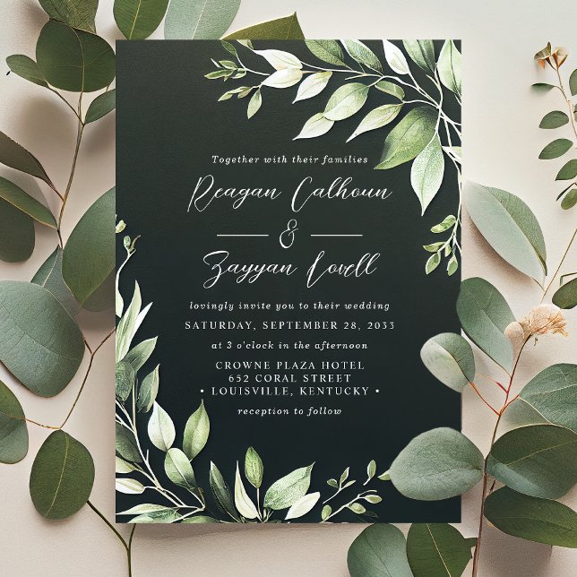 Invitación Elegante vegetación verde oscuro deja Boda de escr (Subido por el creador)