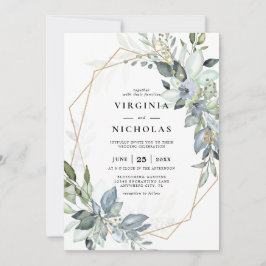 Invitación Elegante Vegetación Verde y Dorado Geométrico Boda