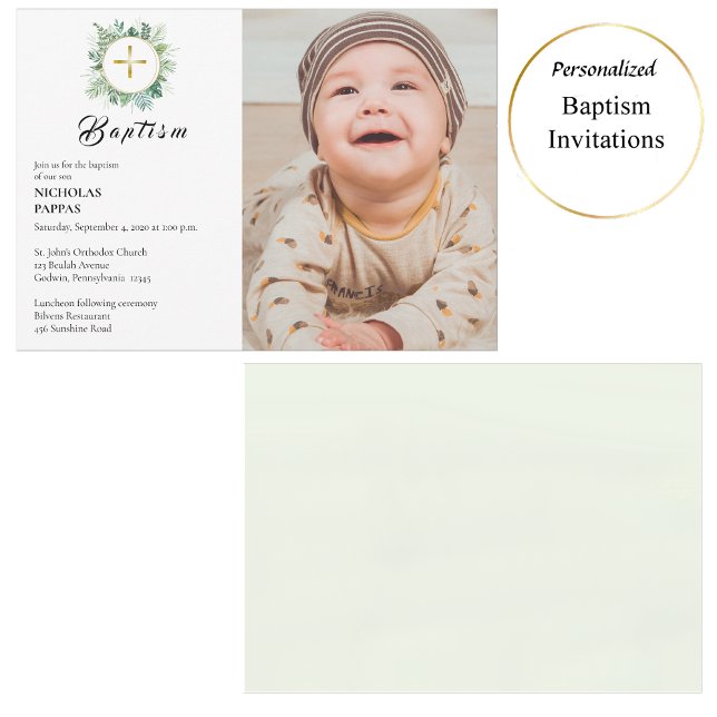 Invitación Elegante vegetación Wreath Bautismo cristiano orto (Subido por el creador)