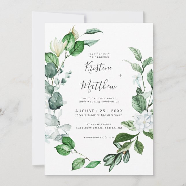 Invitación Elegante Vegetación Wreath Boda Floral Blanco (Anverso)