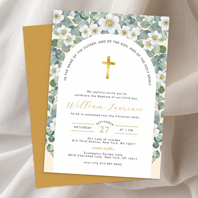 Invitación Elegante vegetación y bautismo floral (Gender Neutral Baptism Invitation)