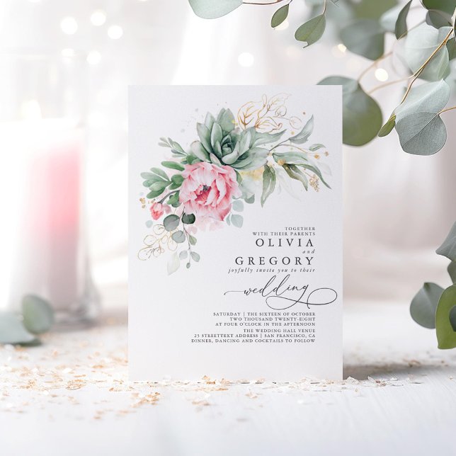 Invitación Elegante vegetación y Boda de flores rosas (Pink Floral Succulents Greenery Wedding Invitations)