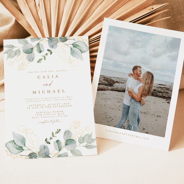 Invitación Elegante vegetación y Boda de fotografía de oro (Elegant watercolor greenery wedding invitation with photo backside)