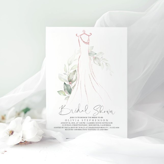 Invitación Elegante vegetación y vestido Boda ducha de novia  (Rose Gold Dress and Greenery Bridal Shower Invitations)
