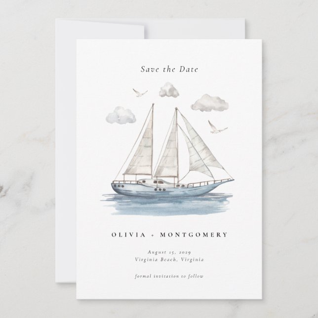 Invitación Elegante velero acuático guardar la fecha (Anverso)