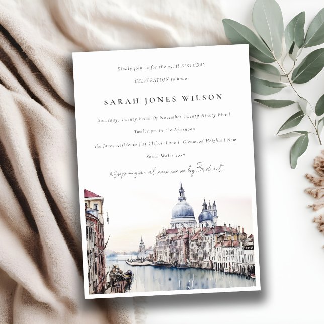 Invitación Elegante Venecia Italia Canales Acuarela Cumpleaño (Subido por el creador)
