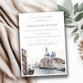 Invitación Elegante Venecia Italia Canales Acuarela Cumpleaño