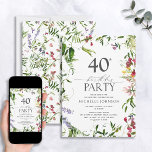 Invitación Elegante Verano Flora Silvestre acuarela 40 cumple<br><div class="desc">¿Quieres dar una impresión duradera a tus invitados? Asegúrate de que tu 40 cumpleaños sea una celebración que recordarás con esta Elegante Invitación a los 40 Años de Flor Silvestre de Verano. Con sus vibrantes acuarelas floridas enmarcando el texto, junto con su moderna caligrafía con letras a mano, estas hermosas...</div>