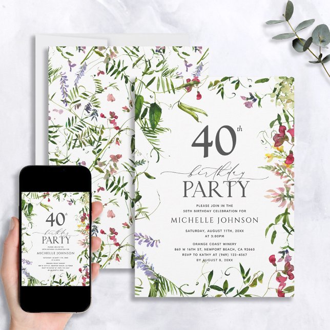 Invitación Elegante Verano Flora Silvestre acuarela 40 cumple (Subido por el creador)