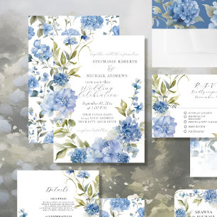 Invitación Elegante verano Floral Azul y Boda Blanco