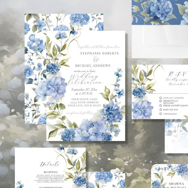 Invitación Elegante verano Floral Azul y Boda Blanco (Subido por el creador)