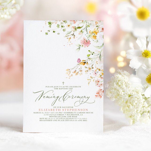 Invitación Elegante verano prado de flores silvestres para la (Wildflowers Baptism and Naming Ceremony Invitation)