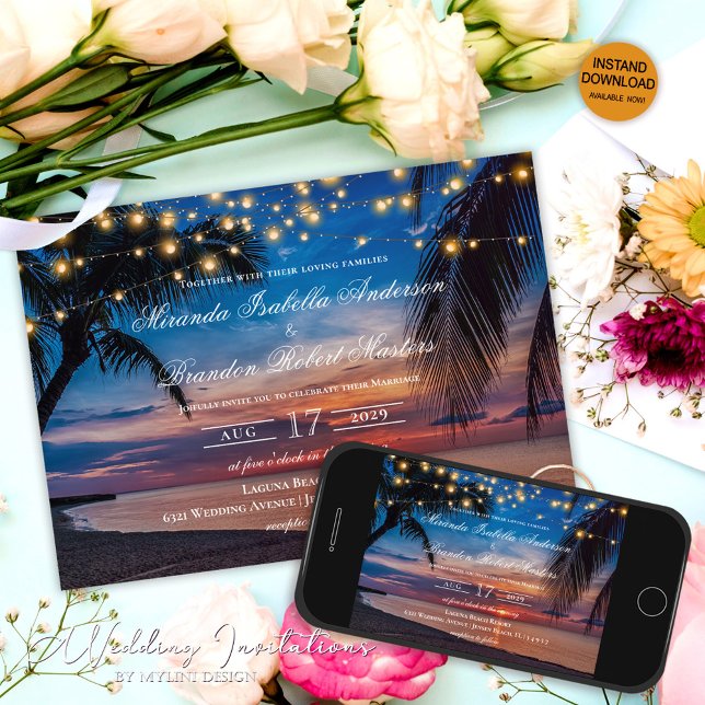 Invitación Elegante verano Sunset Palm Beach Wedding (Subido por el creador)