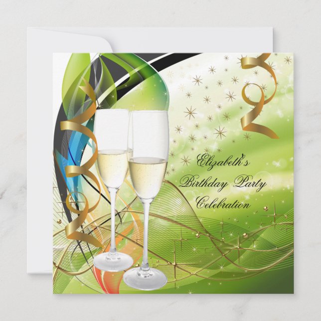 Invitación Elegante Verde Azul Dorado Cumpleaños Fiesta Champ (Anverso)
