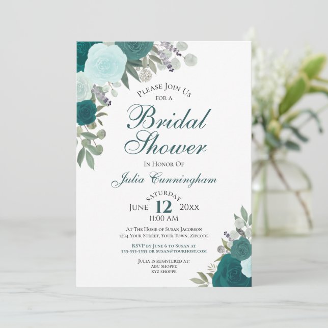 Invitación Elegante Verde azulada acuarela acuarela Floral Br (Anverso de pie)