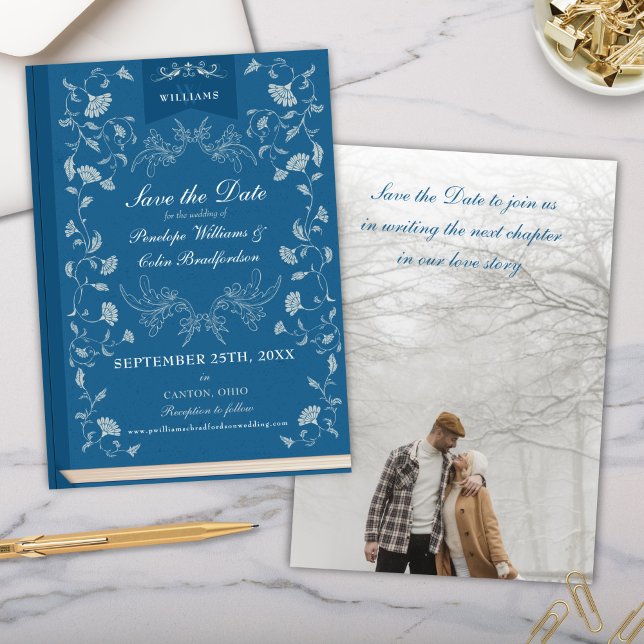 Invitación Elegante Verde azulada boda de la cubierta del lib (Teal Blue Turquoise Hollywood Regency Era Victorian Floral Library Book Cover Wedding Save the Date)